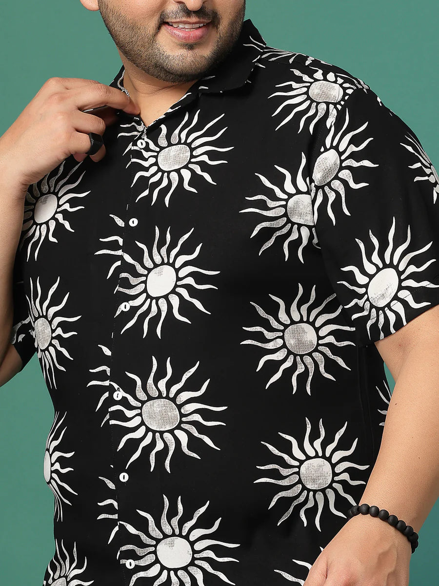 Men’s Sun Print Co-ord Set – Short Sleeve Shirt & Shorts (Black/White)