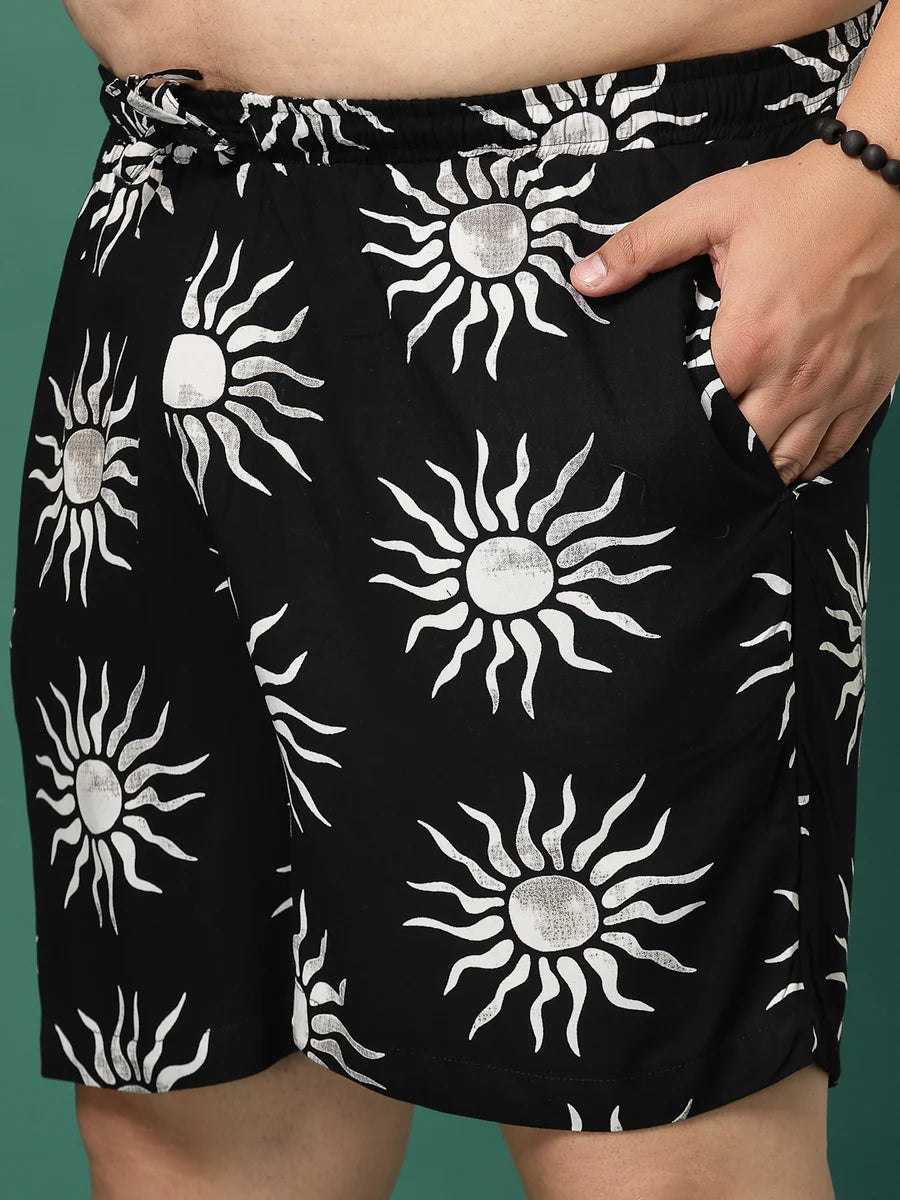Men’s Sun Print Co-ord Set – Short Sleeve Shirt & Shorts (Black/White)