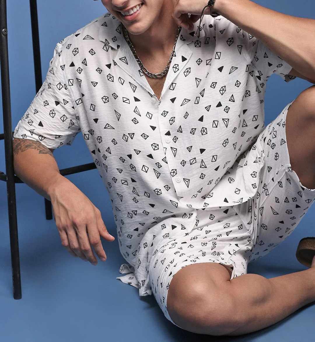 Men’s Geometric Print Co-ord Set – White Short Sleeve Shirt & Shorts