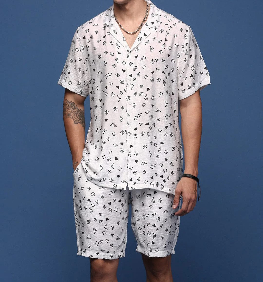 Men’s Geometric Print Co-ord Set – White Short Sleeve Shirt & Shorts