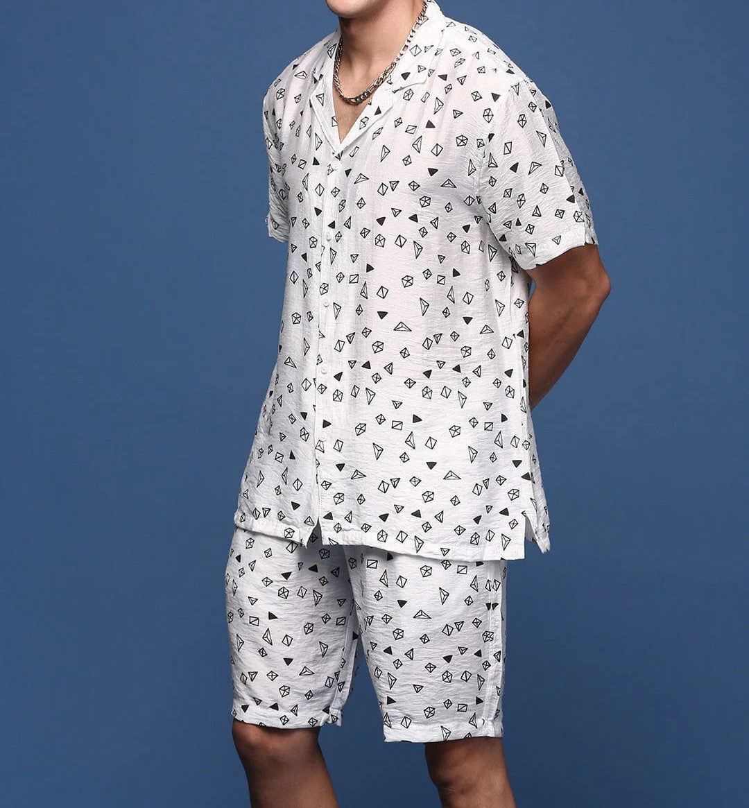 Men’s Geometric Print Co-ord Set – White Short Sleeve Shirt & Shorts