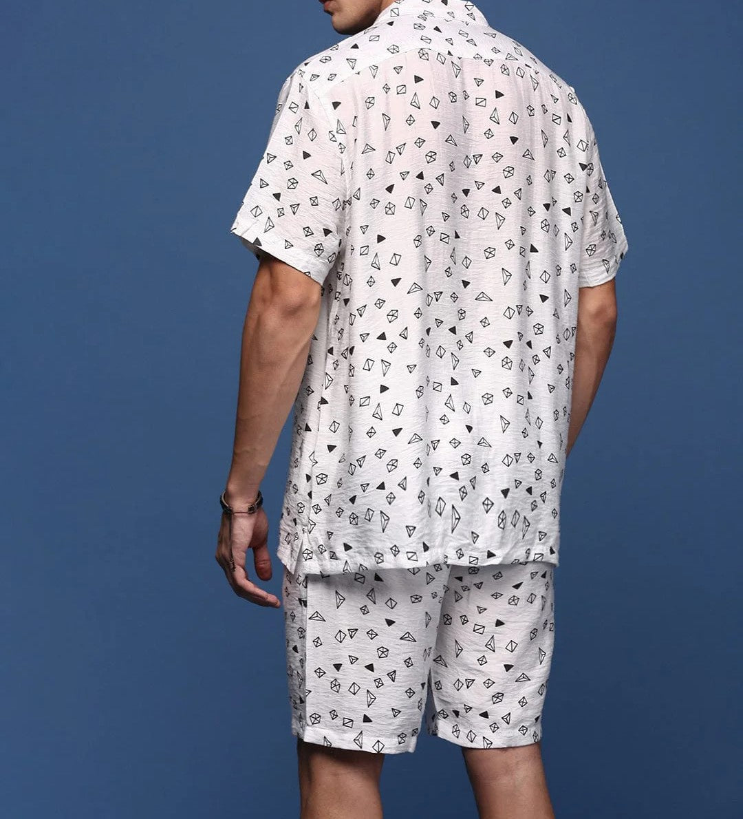 Men’s Geometric Print Co-ord Set – White Short Sleeve Shirt & Shorts