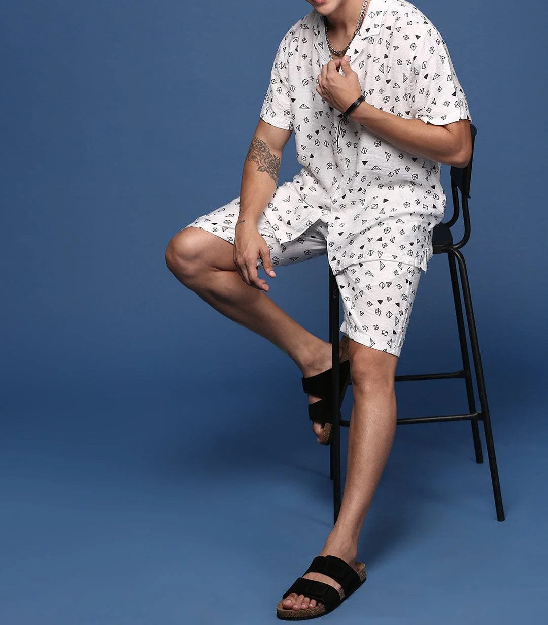 Men’s Geometric Print Co-ord Set – White Short Sleeve Shirt & Shorts