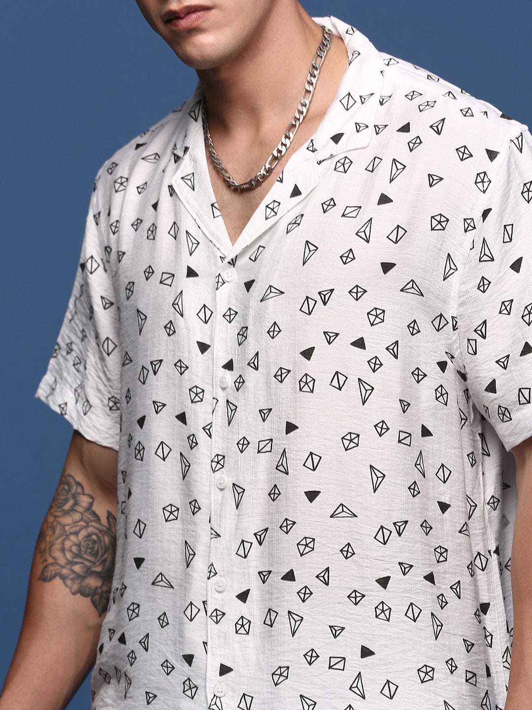 Men’s Geometric Print Co-ord Set – White Short Sleeve Shirt & Shorts