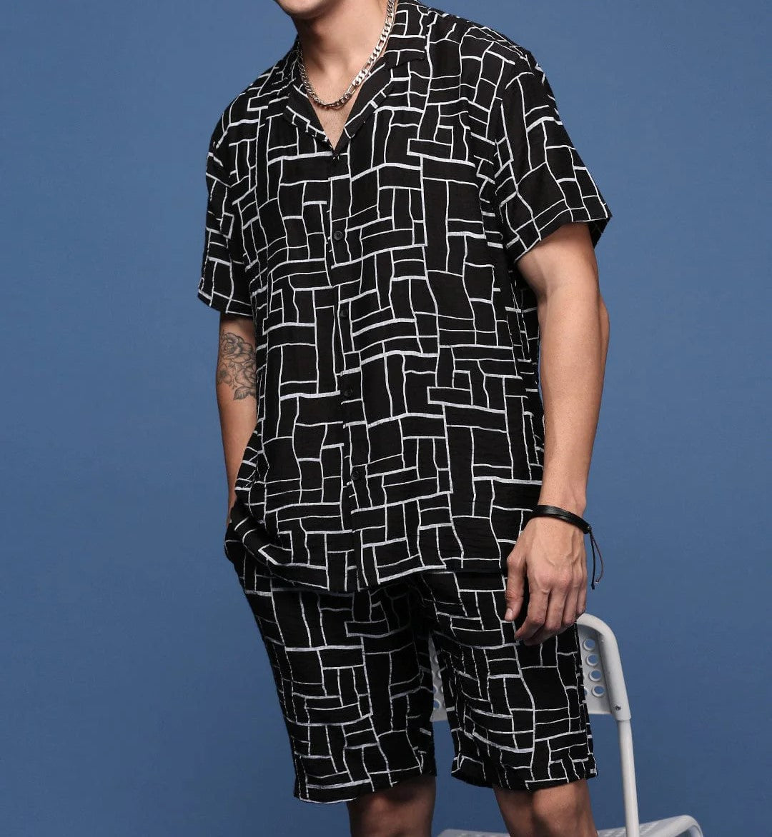Men’s Abstract Grid Co-ord Set – Black Short Sleeve Shirt & Shorts