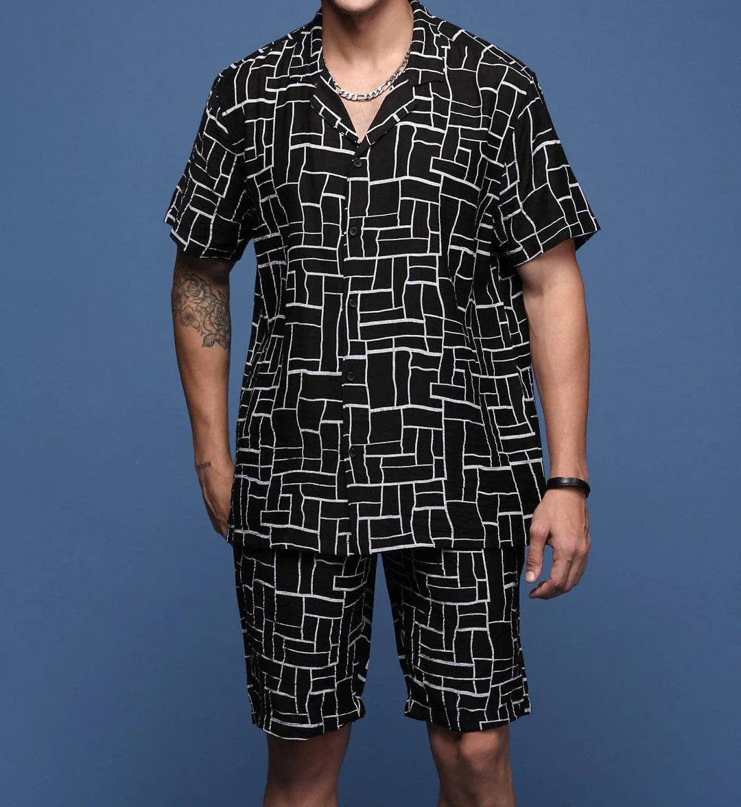 Men’s Abstract Grid Co-ord Set – Black Short Sleeve Shirt & Shorts