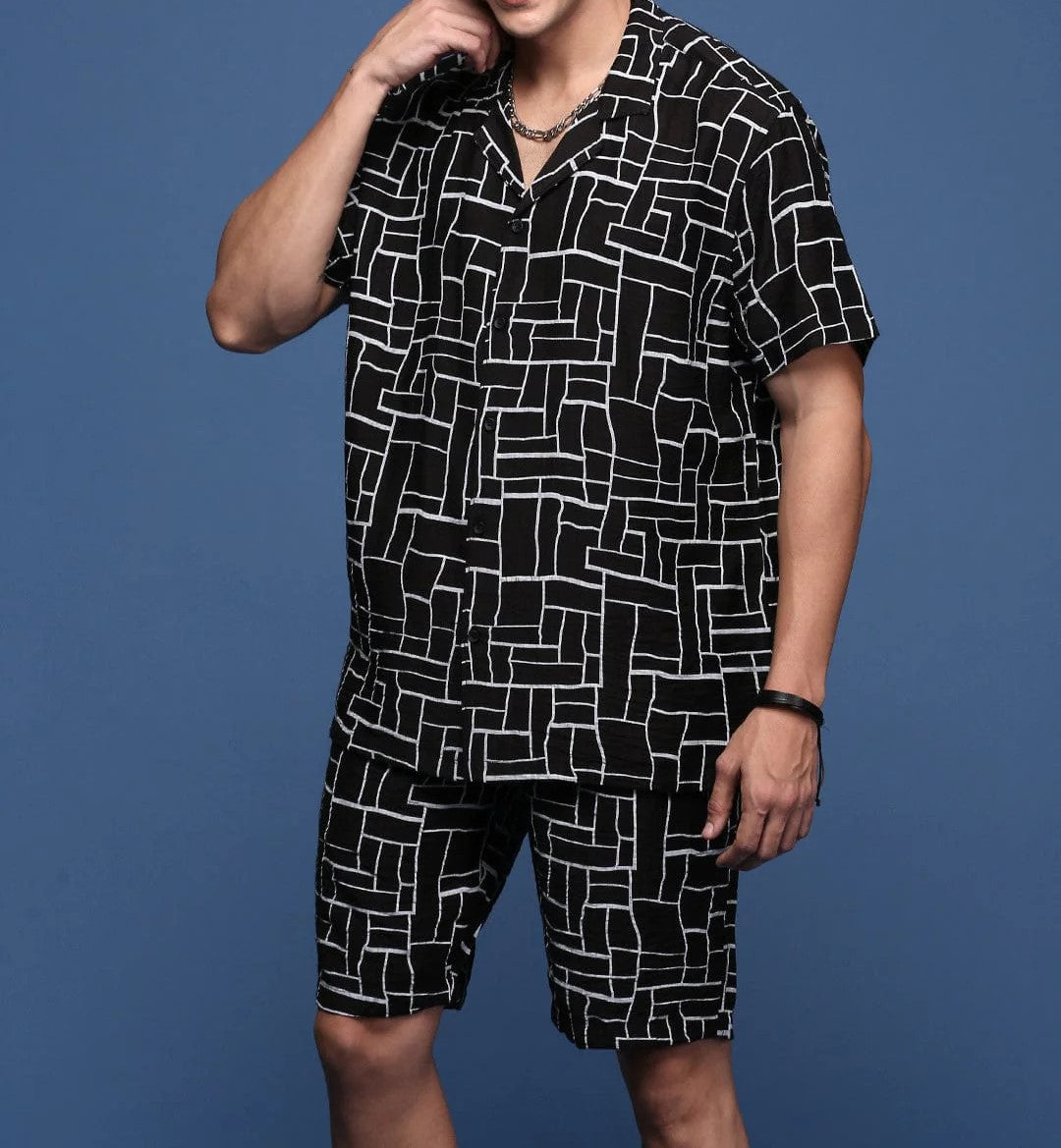 Men’s Abstract Grid Co-ord Set – Black Short Sleeve Shirt & Shorts