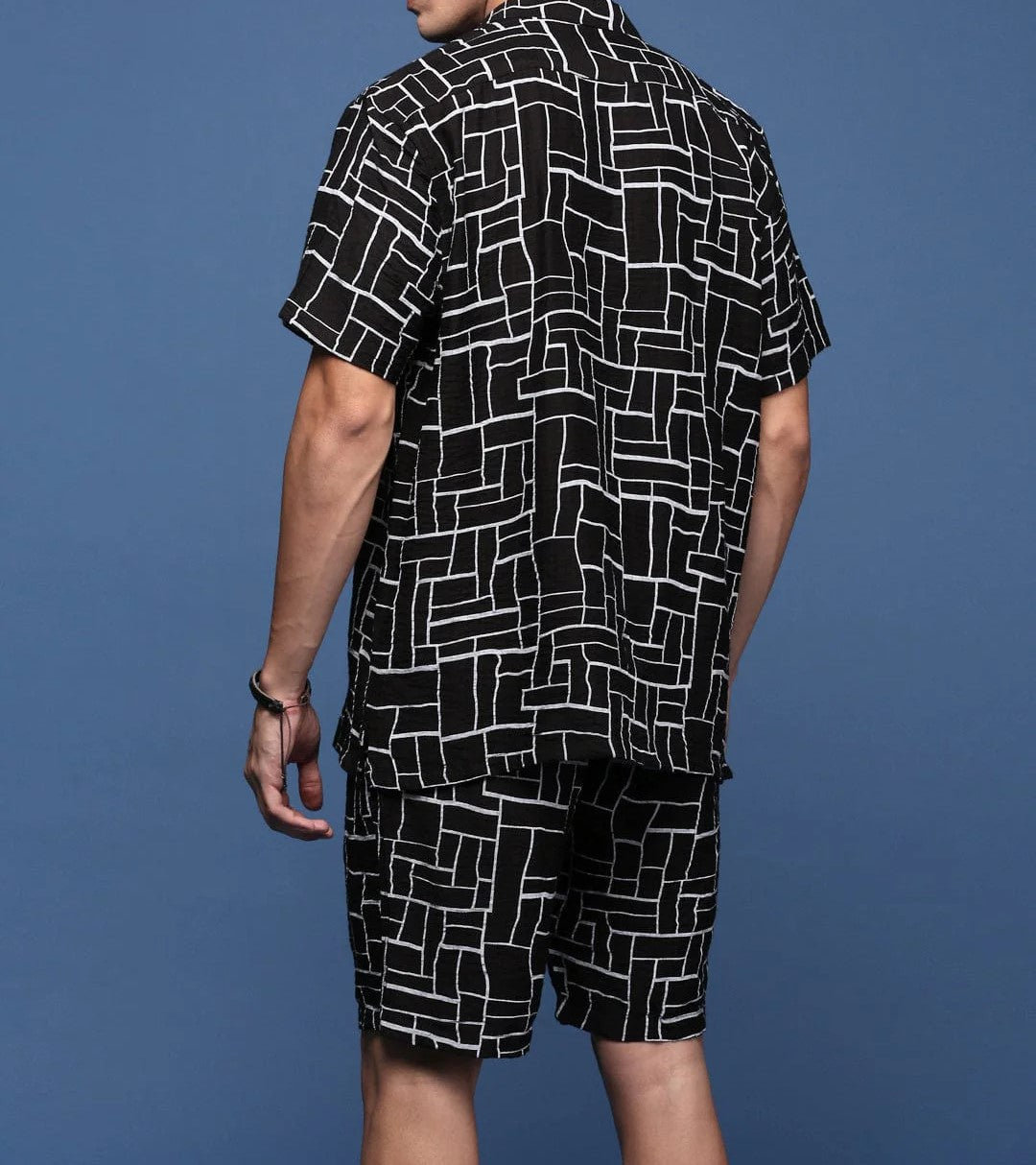 Men’s Abstract Grid Co-ord Set – Black Short Sleeve Shirt & Shorts