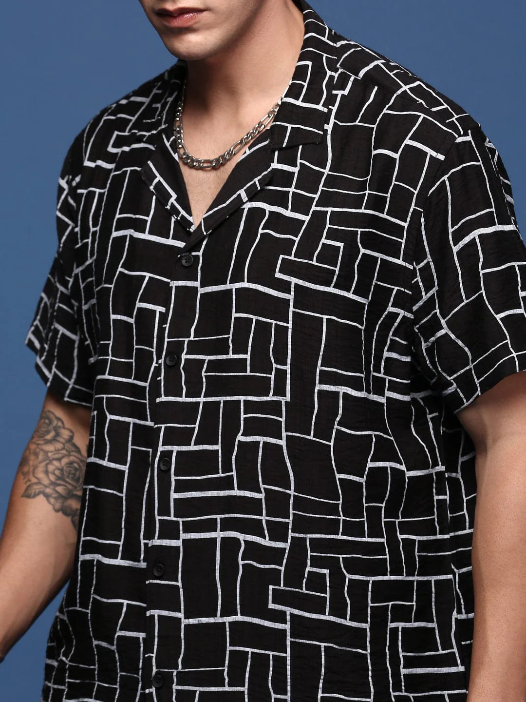Men’s Abstract Grid Co-ord Set – Black Short Sleeve Shirt & Shorts