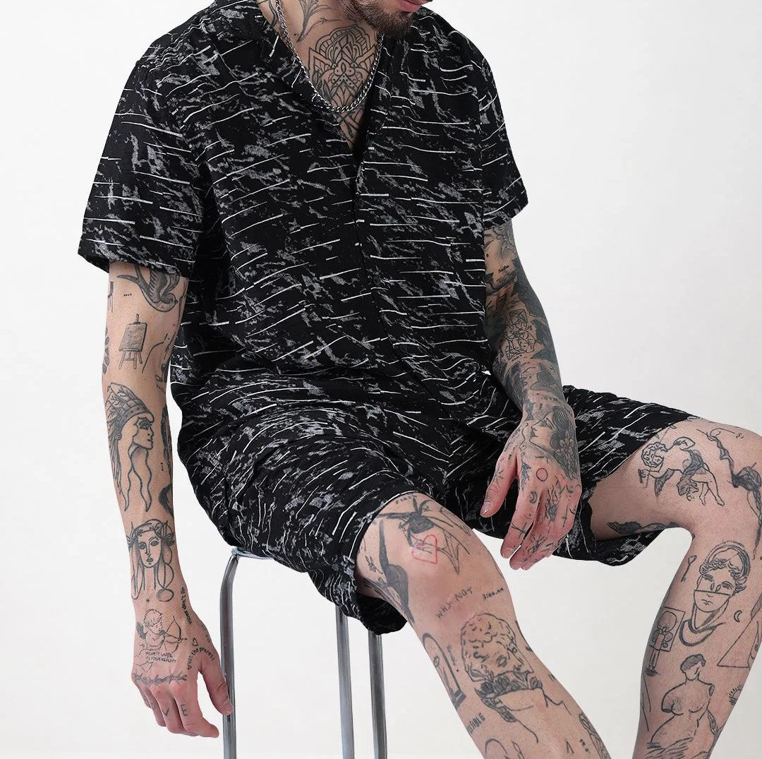 Men’s Abstract Print Co-ord Set – Black Short Sleeve Shirt & Shorts