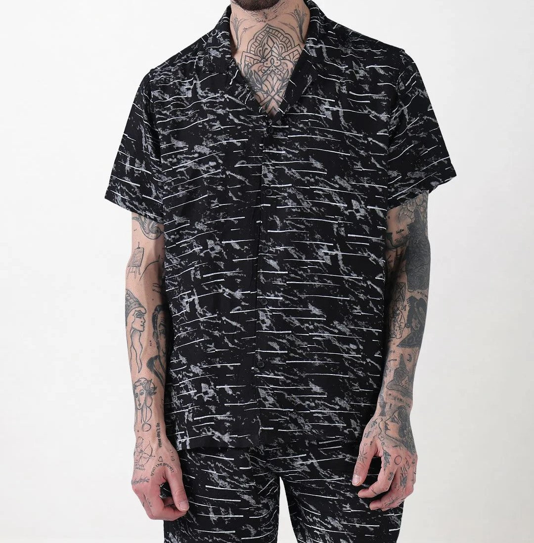 Men’s Abstract Print Co-ord Set – Black Short Sleeve Shirt & Shorts