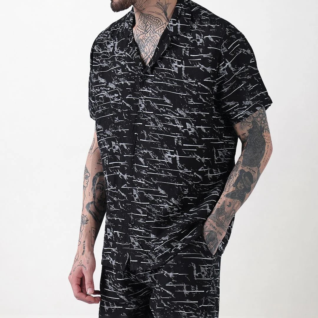 Men’s Abstract Print Co-ord Set – Black Short Sleeve Shirt & Shorts
