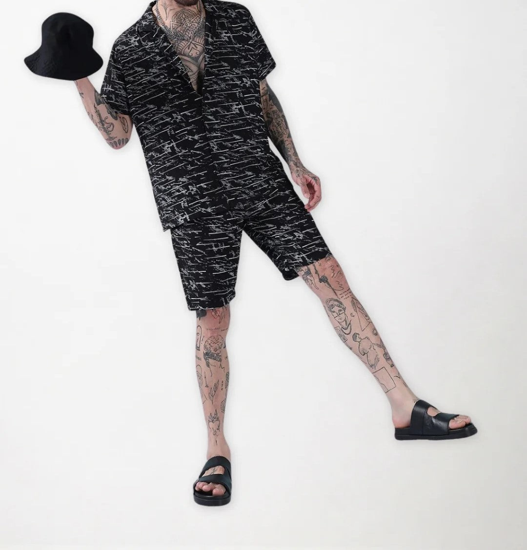Men’s Abstract Print Co-ord Set – Black Short Sleeve Shirt & Shorts