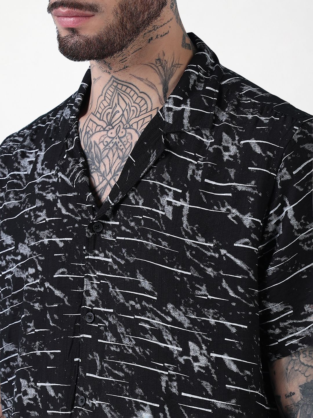 Men’s Abstract Print Co-ord Set – Black Short Sleeve Shirt & Shorts