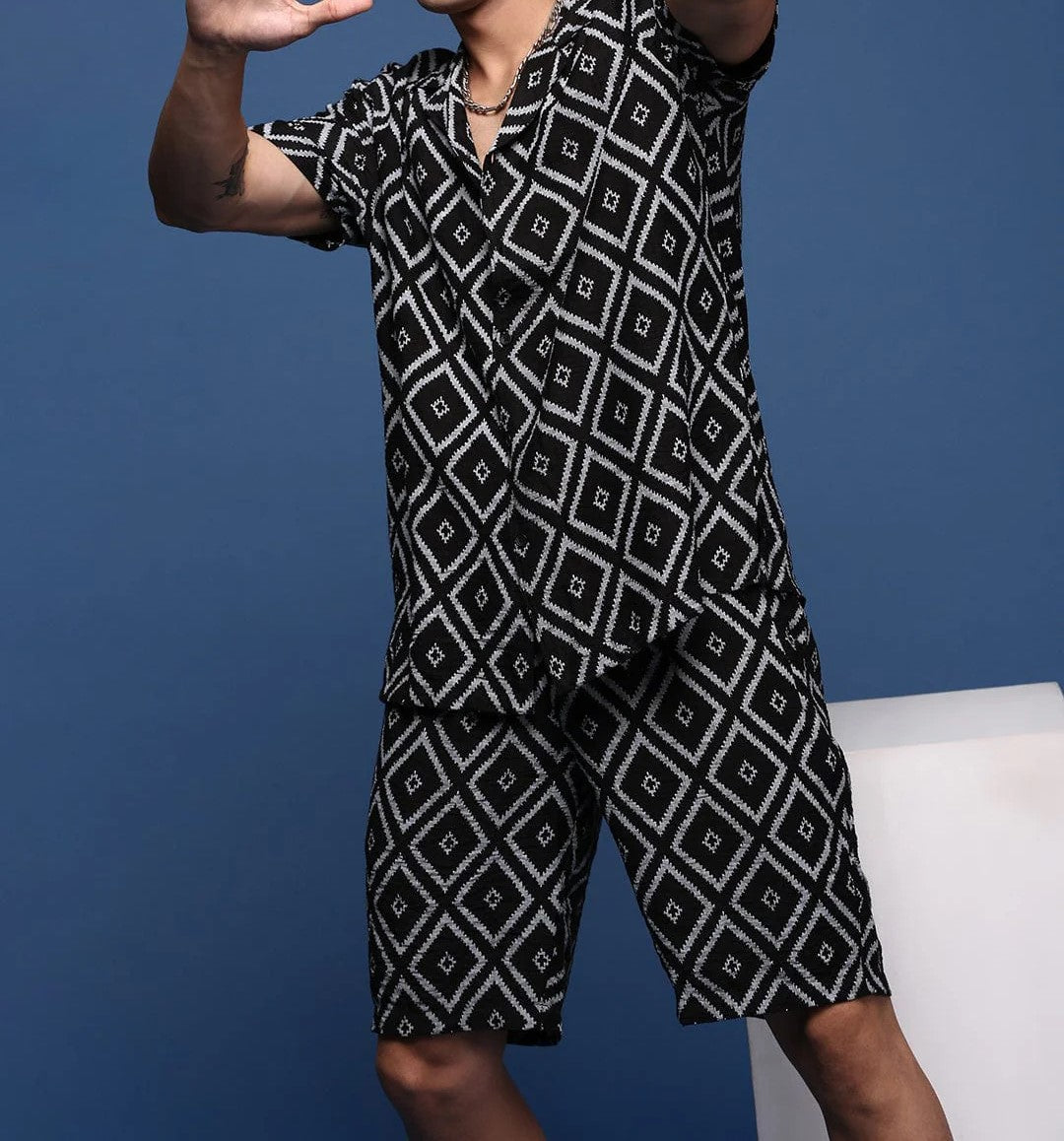 Men’s Diamond Pattern Co-ord Set – Black Short Sleeve Shirt & Shorts
