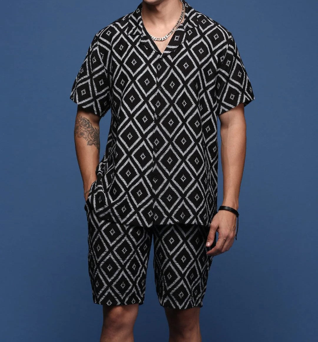 Men’s Diamond Pattern Co-ord Set – Black Short Sleeve Shirt & Shorts