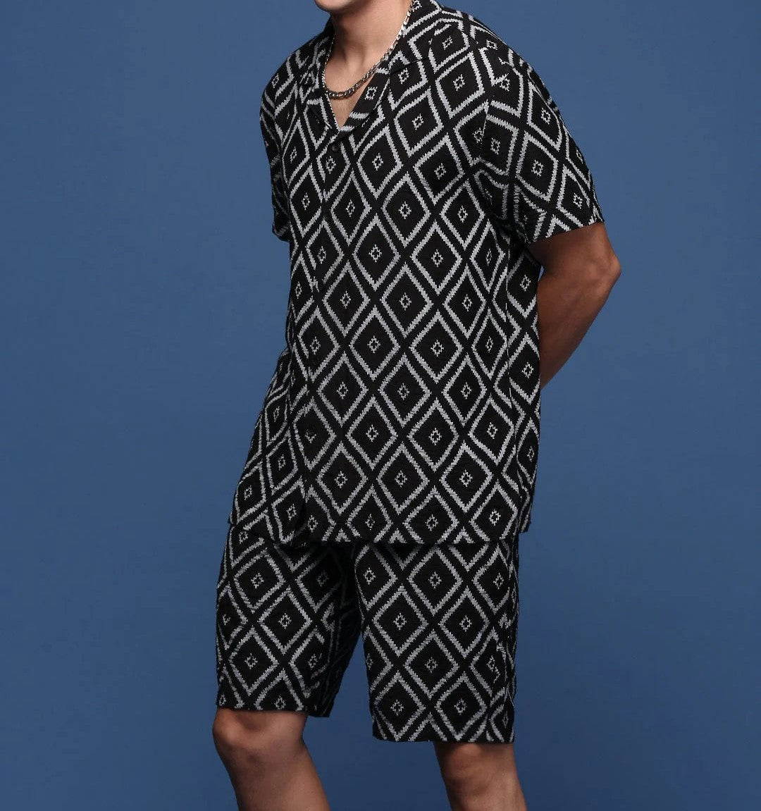 Men’s Diamond Pattern Co-ord Set – Black Short Sleeve Shirt & Shorts