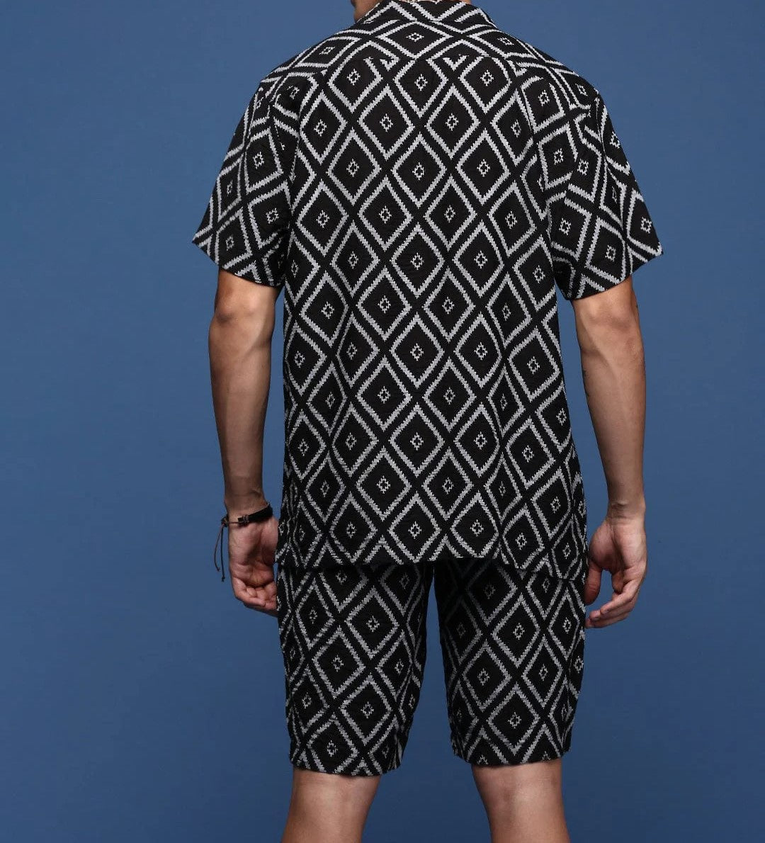Men’s Diamond Pattern Co-ord Set – Black Short Sleeve Shirt & Shorts