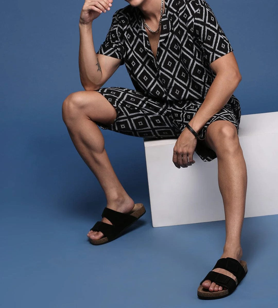 Men’s Diamond Pattern Co-ord Set – Black Short Sleeve Shirt & Shorts