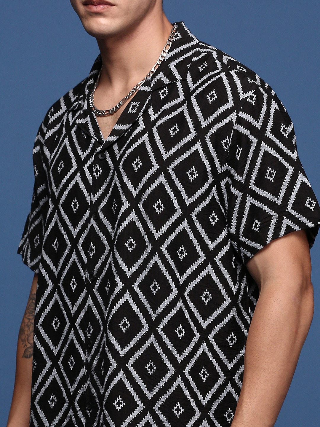 Men’s Diamond Pattern Co-ord Set – Black Short Sleeve Shirt & Shorts