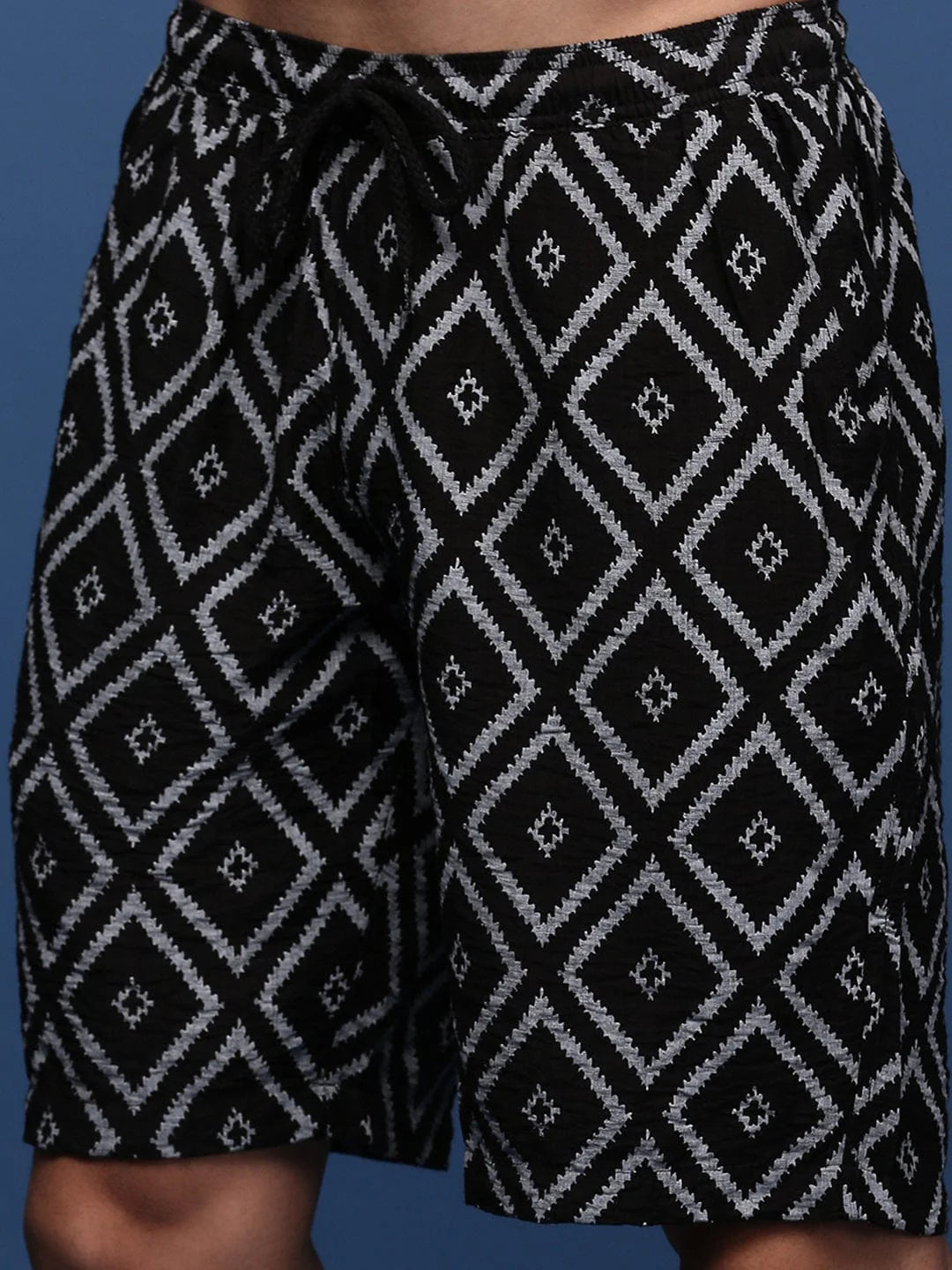 Men’s Diamond Pattern Co-ord Set – Black Short Sleeve Shirt & Shorts