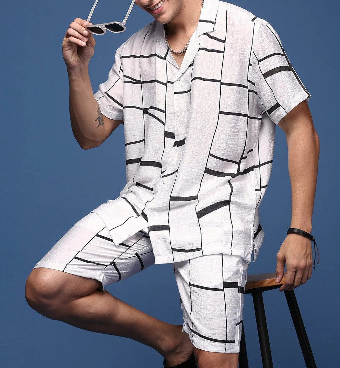 Men’s Grid Line Co-ord Set – White Short Sleeve Shirt & Shorts