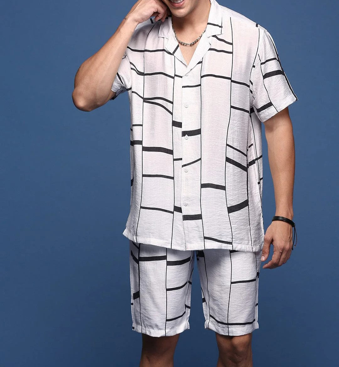 Men’s Grid Line Co-ord Set – White Short Sleeve Shirt & Shorts