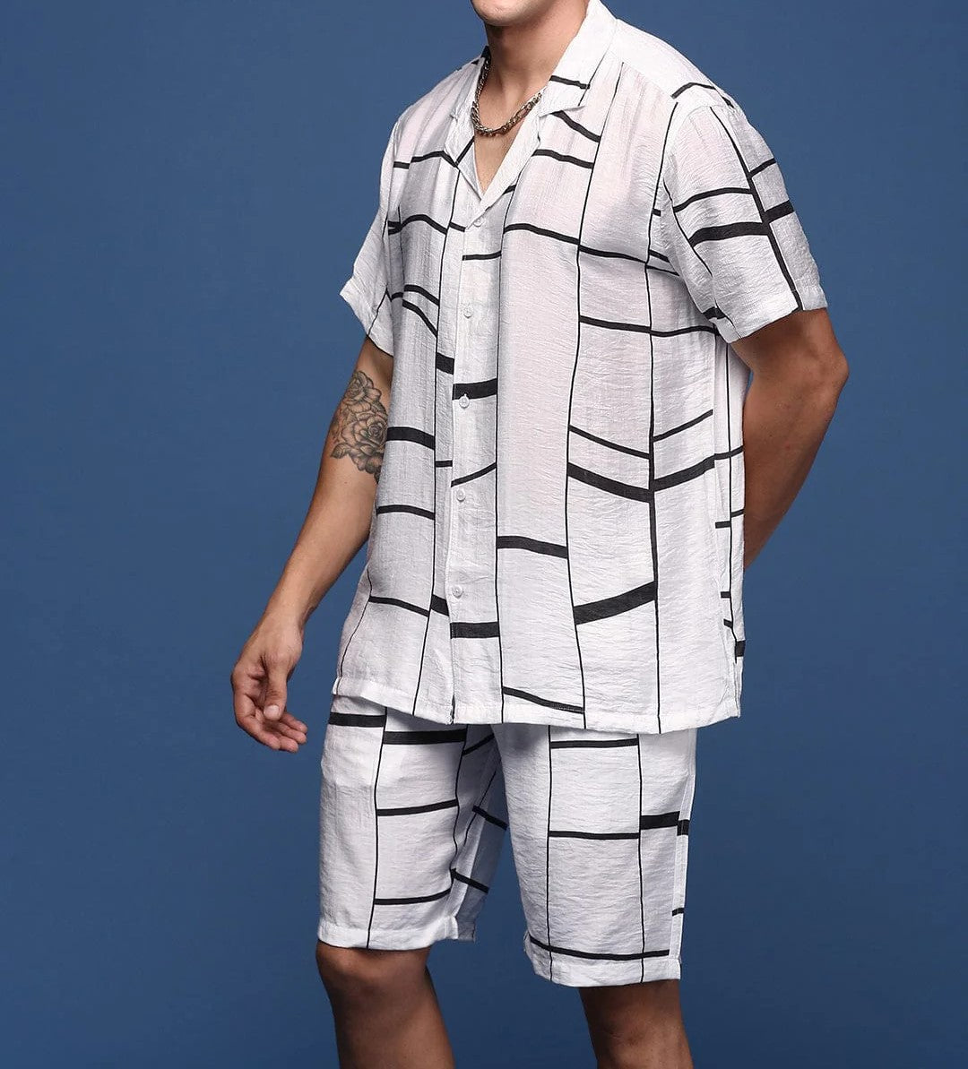 Men’s Grid Line Co-ord Set – White Short Sleeve Shirt & Shorts