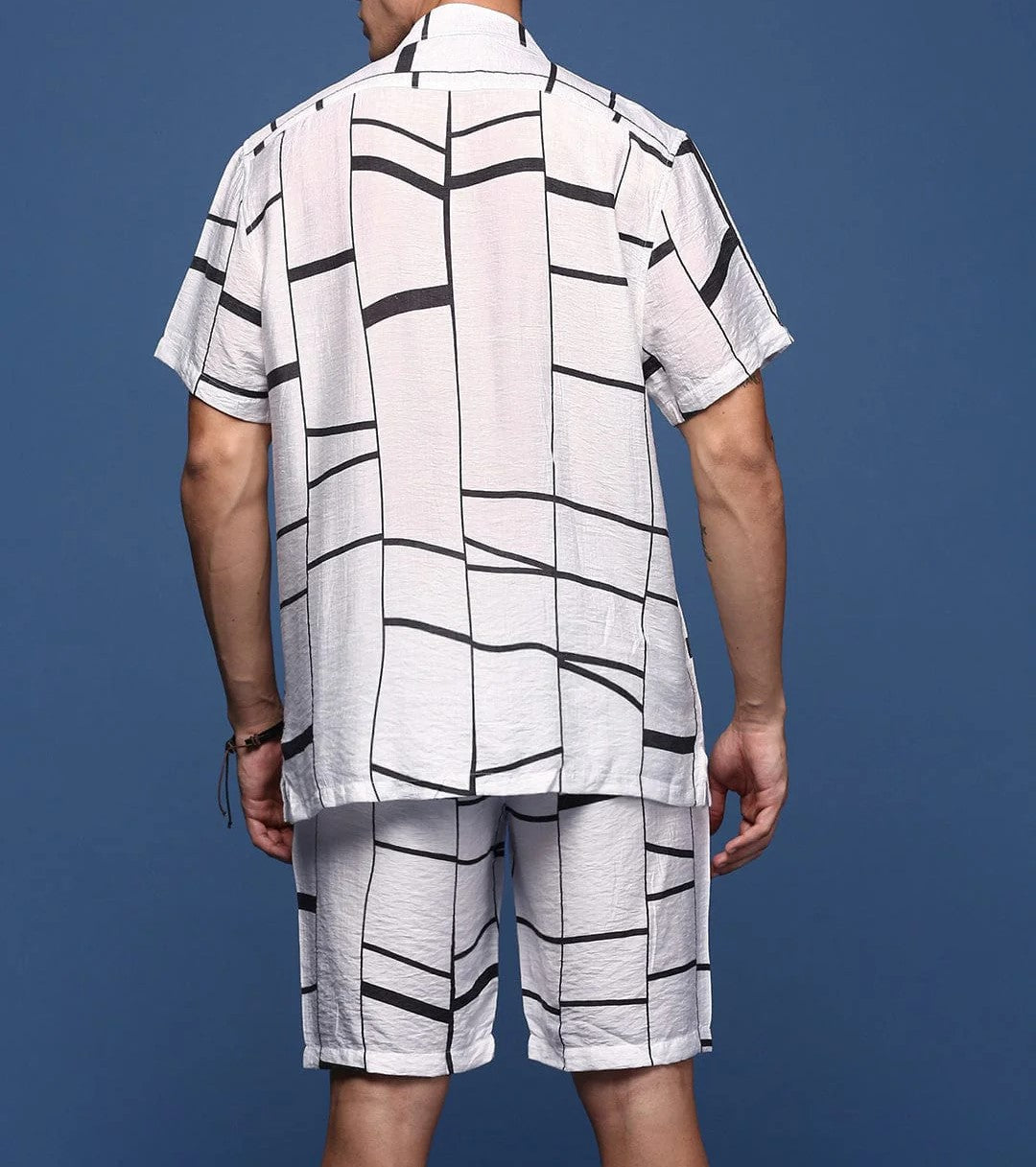 Men’s Grid Line Co-ord Set – White Short Sleeve Shirt & Shorts