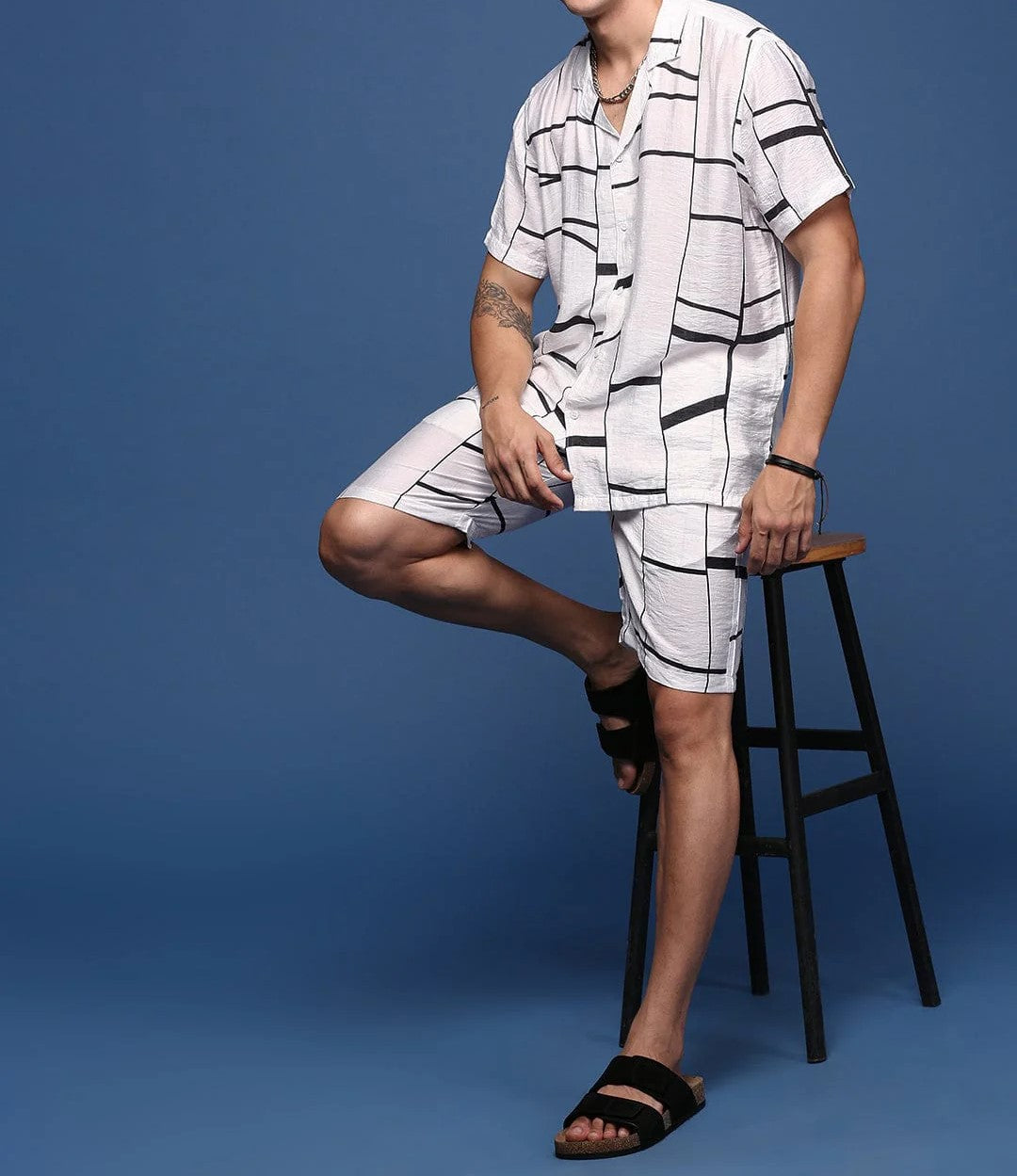 Men’s Grid Line Co-ord Set – White Short Sleeve Shirt & Shorts