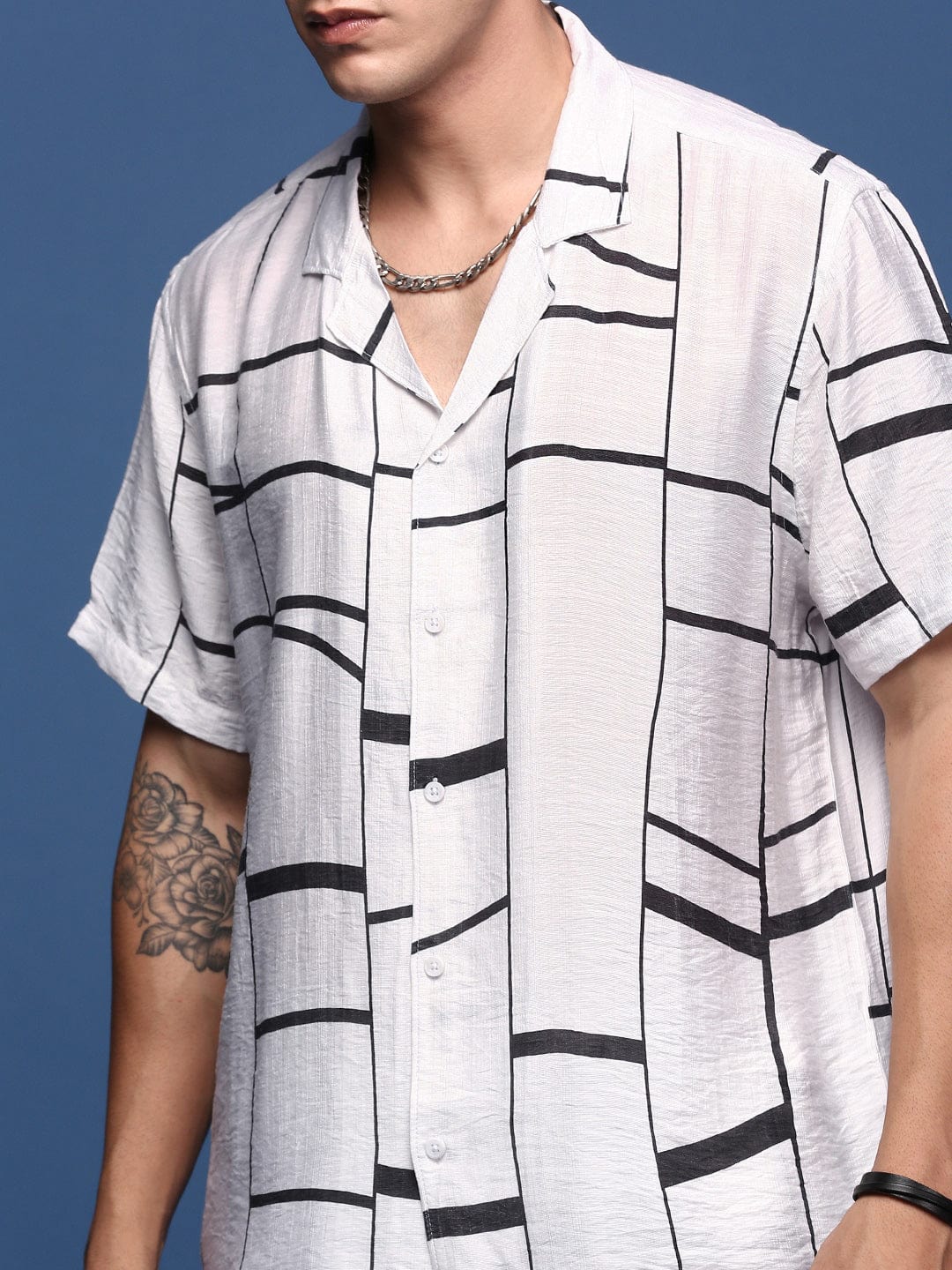Men’s Grid Line Co-ord Set – White Short Sleeve Shirt & Shorts