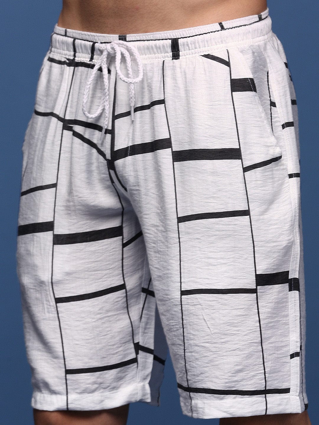 Men’s Grid Line Co-ord Set – White Short Sleeve Shirt & Shorts