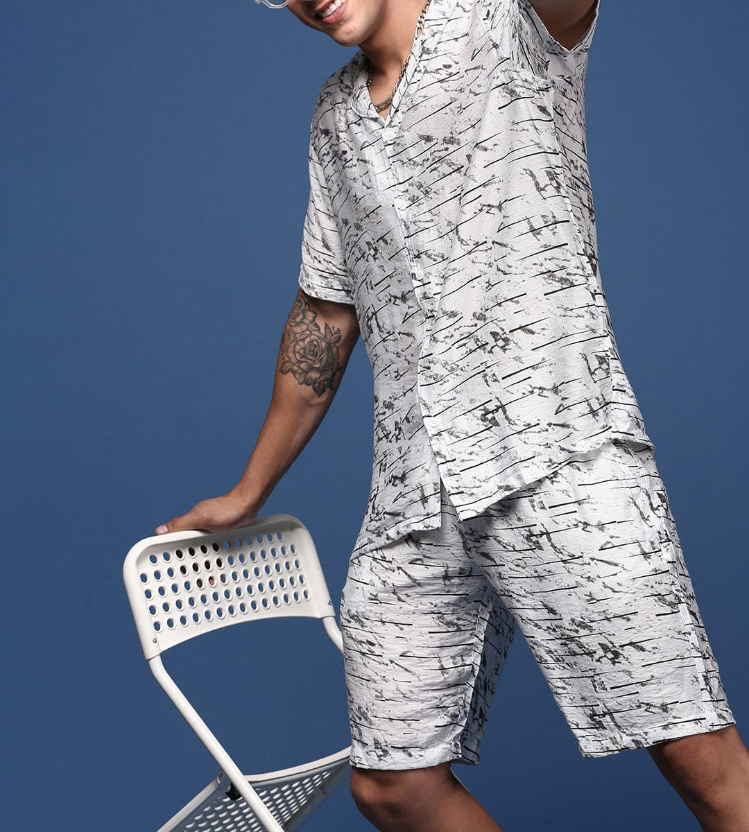 Men’s Abstract Print Co-ord Set – White Short Sleeve Shirt & Shorts