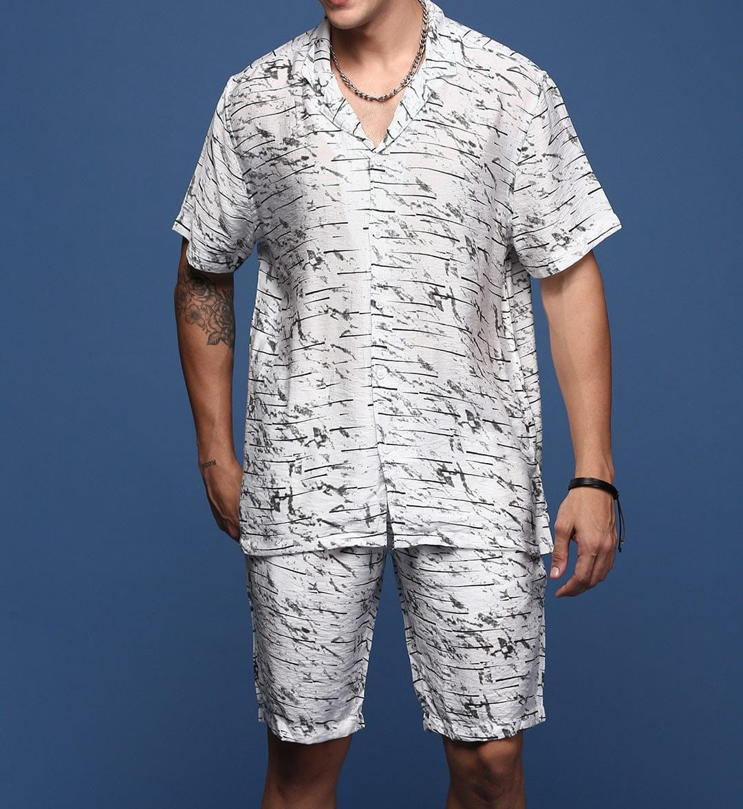 Men’s Abstract Print Co-ord Set – White Short Sleeve Shirt & Shorts