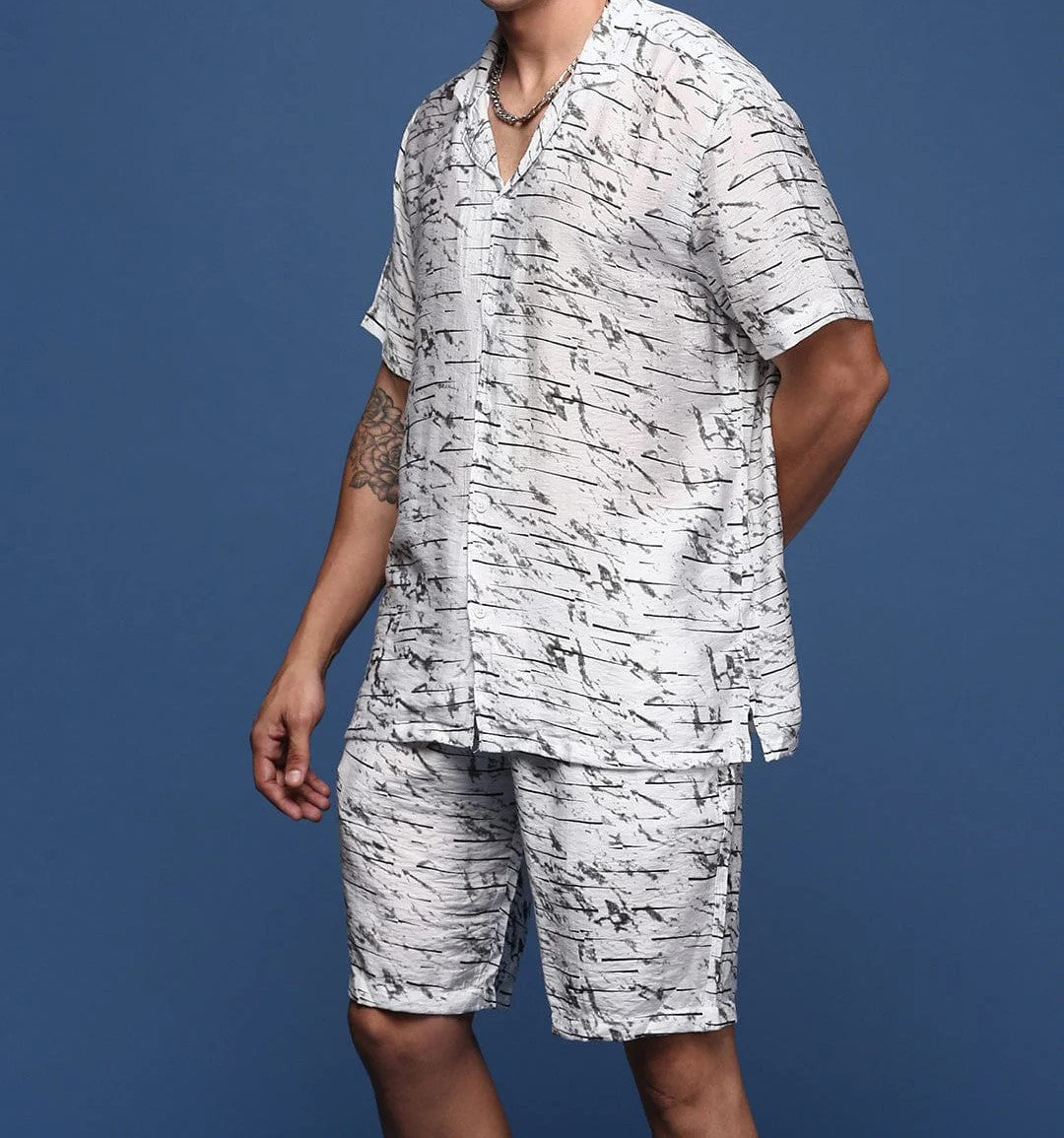 Men’s Abstract Print Co-ord Set – White Short Sleeve Shirt & Shorts