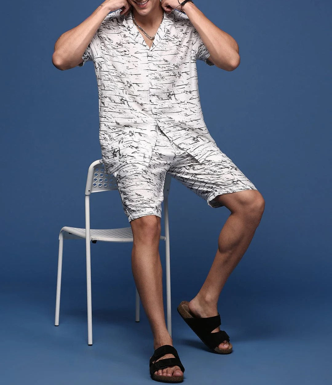Men’s Abstract Print Co-ord Set – White Short Sleeve Shirt & Shorts