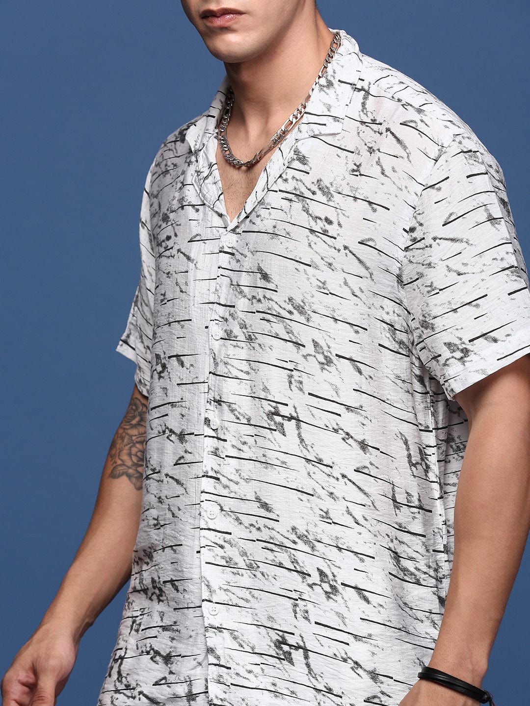 Men’s Abstract Print Co-ord Set – White Short Sleeve Shirt & Shorts