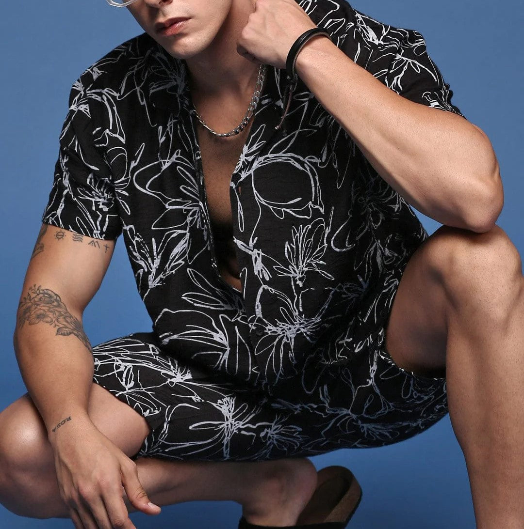 Men’s Floral Print Co-ord Set – Black Short Sleeve Shirt & Shorts