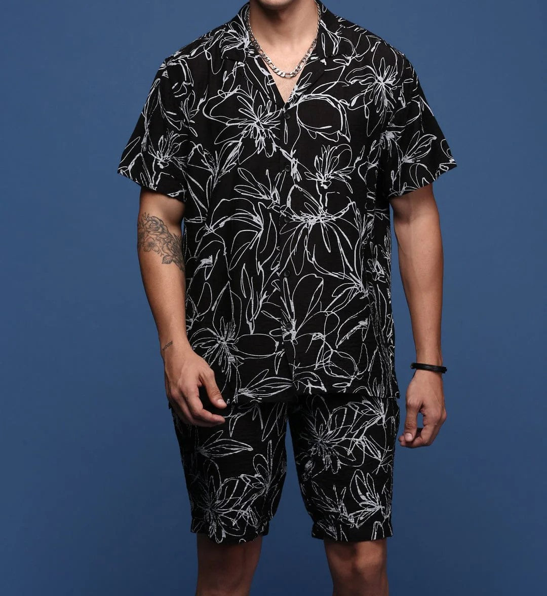 Men’s Floral Print Co-ord Set – Black Short Sleeve Shirt & Shorts
