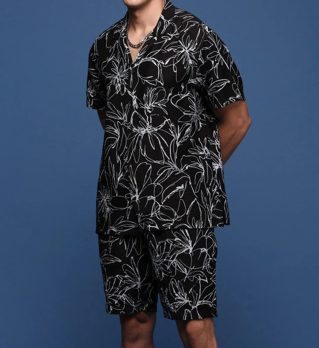 Men’s Floral Print Co-ord Set – Black Short Sleeve Shirt & Shorts