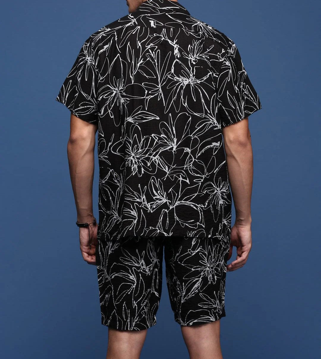 Men’s Floral Print Co-ord Set – Black Short Sleeve Shirt & Shorts