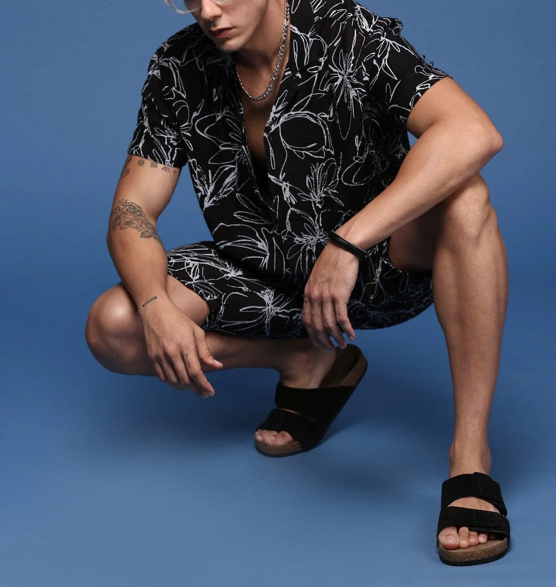 Men’s Floral Print Co-ord Set – Black Short Sleeve Shirt & Shorts