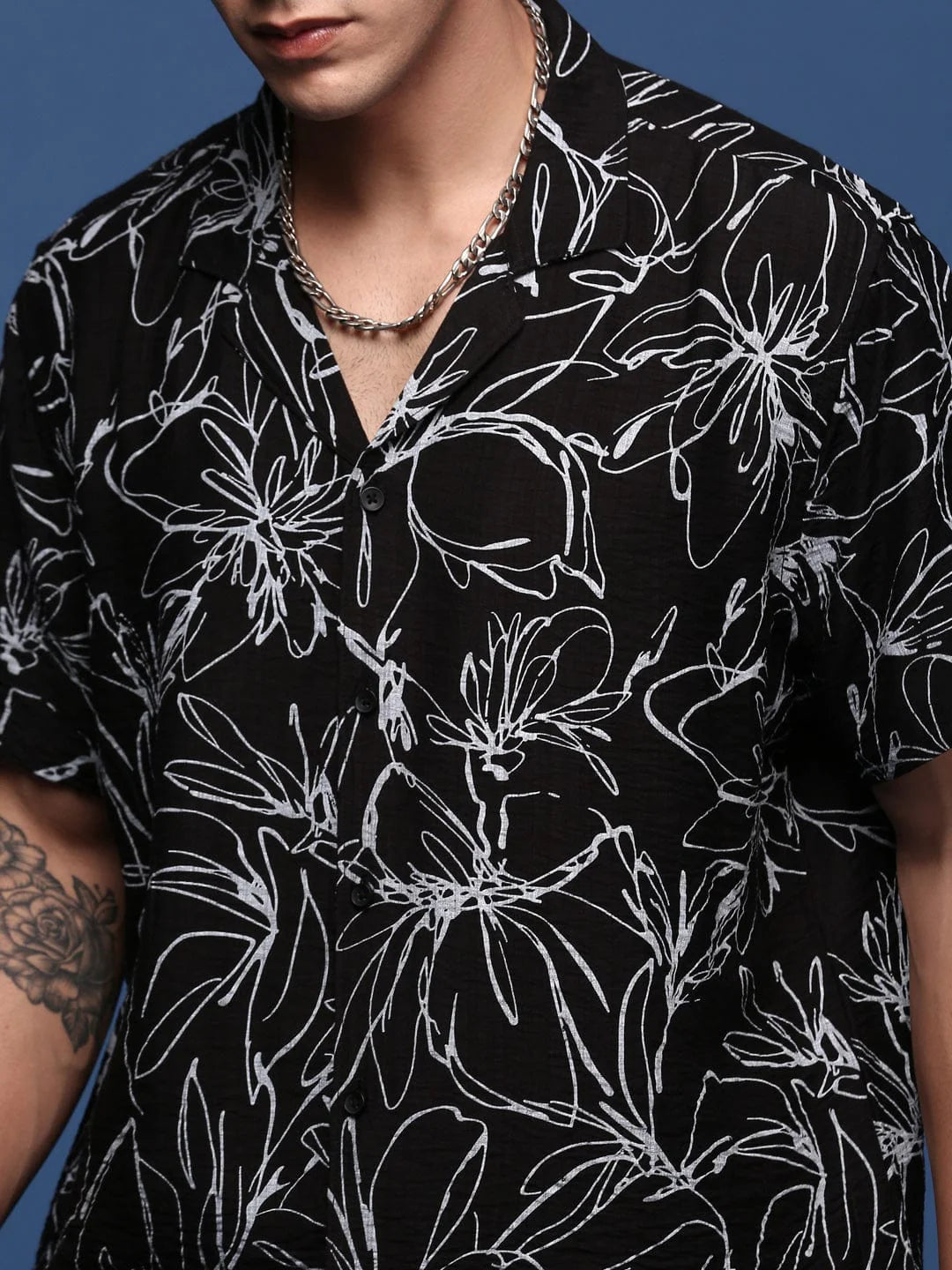 Men’s Floral Print Co-ord Set – Black Short Sleeve Shirt & Shorts