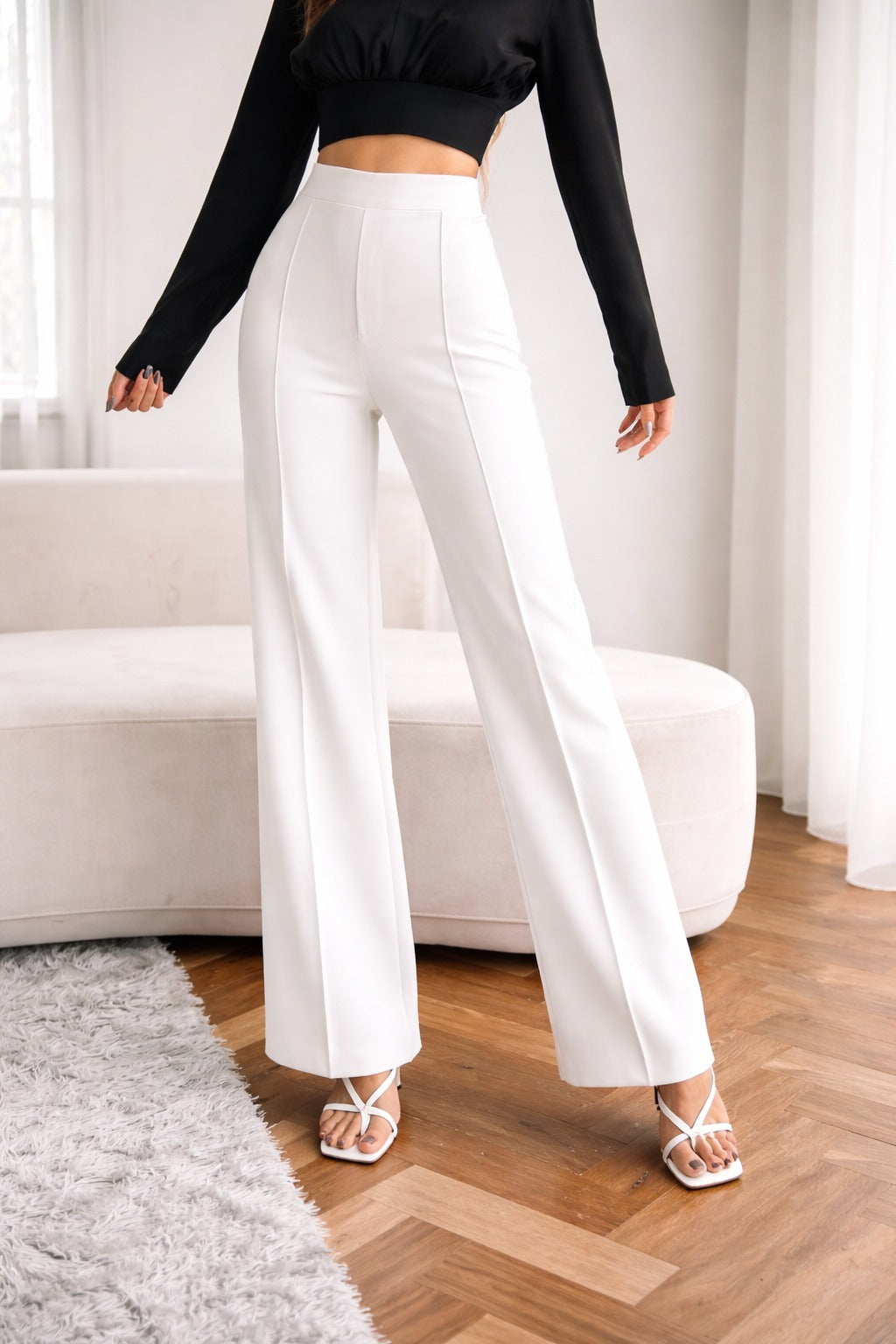 Chic High-Waisted White Wide Leg Trousers for Women – Elegant Straight Fit Pants