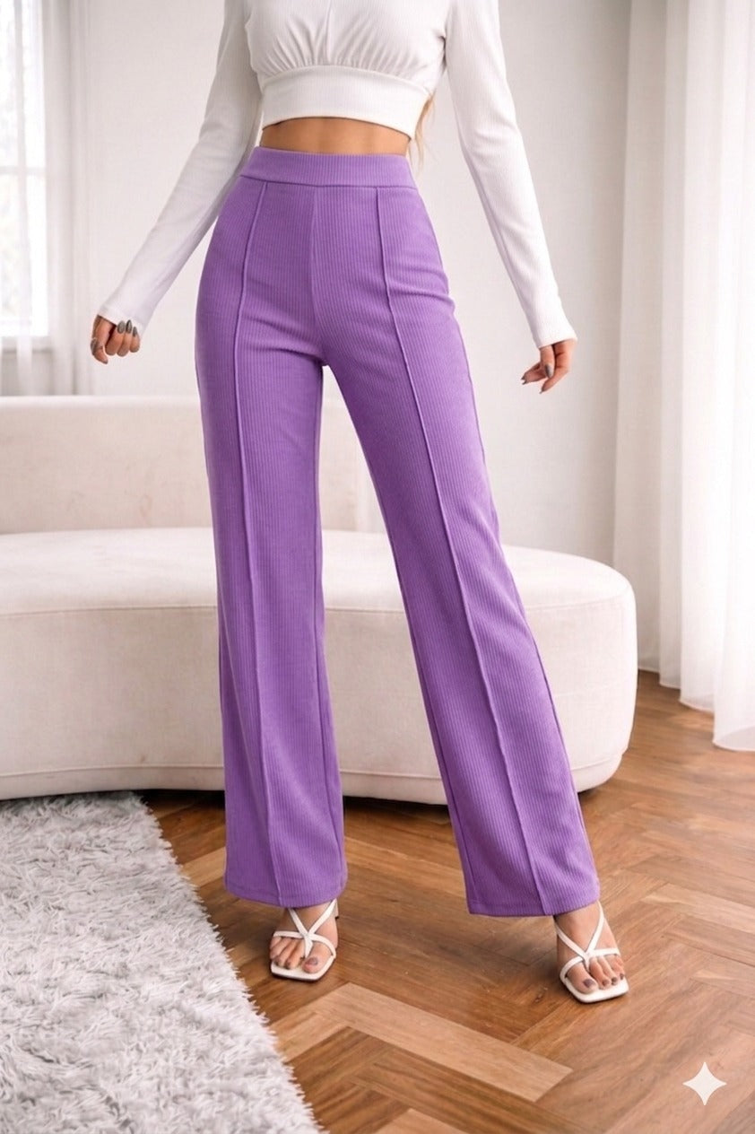 High-Waisted Ribbed Straight-Leg Pants – Elegant Stretch Fit (Purple)