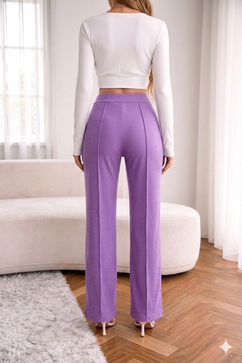 High-Waisted Ribbed Straight-Leg Pants – Elegant Stretch Fit (Purple)