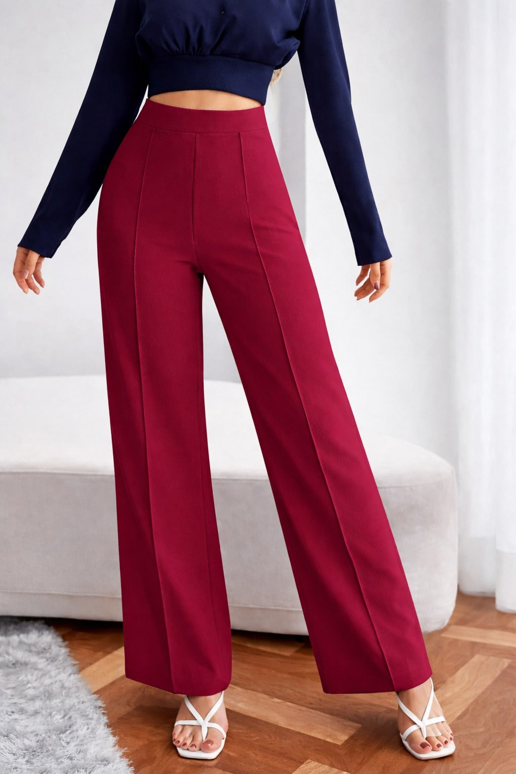 Women High-Waist Wide Leg Trousers – Premium Red