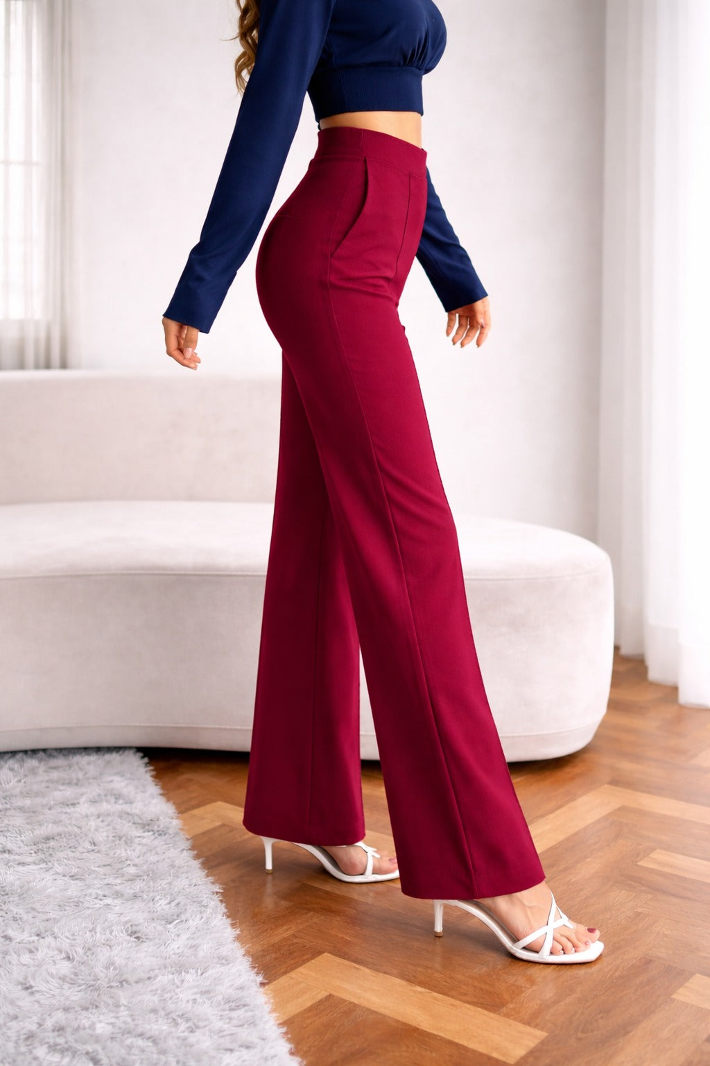 Women High-Waist Wide Leg Trousers – Premium Red