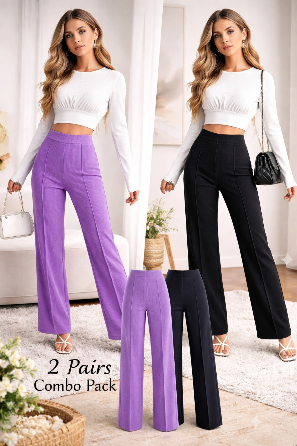 Women High-Waist Straight Fit Trousers (2 Pair Combo – Purple & Black)