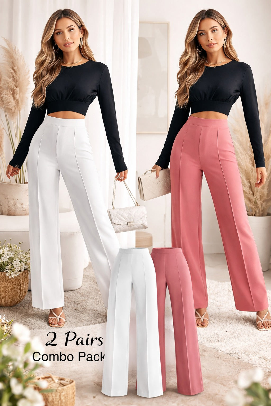 Elegant High-Waisted Wide Leg Trousers for Women – 2-Piece Combo Pack (White & Pink)